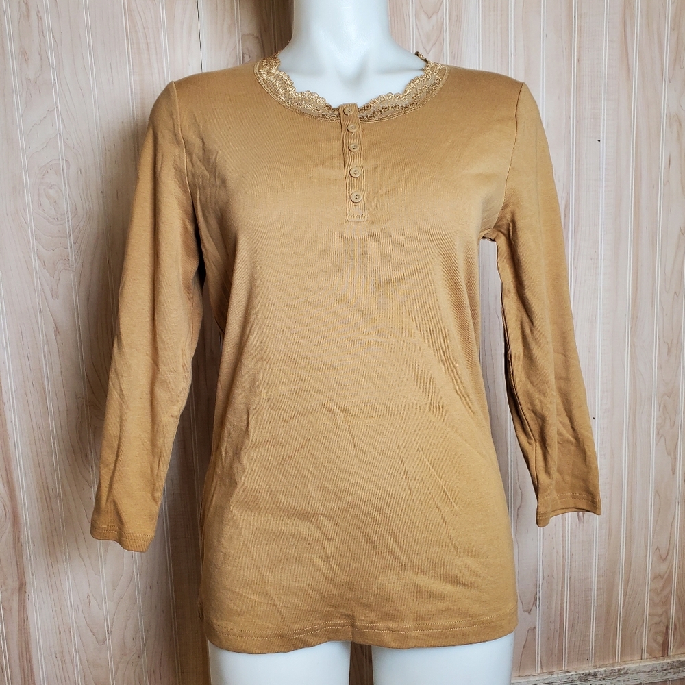 Jones New York  Pullover 3/4 Sleeve Knit Top L Cottage Lace Scalloped Cotton NWT